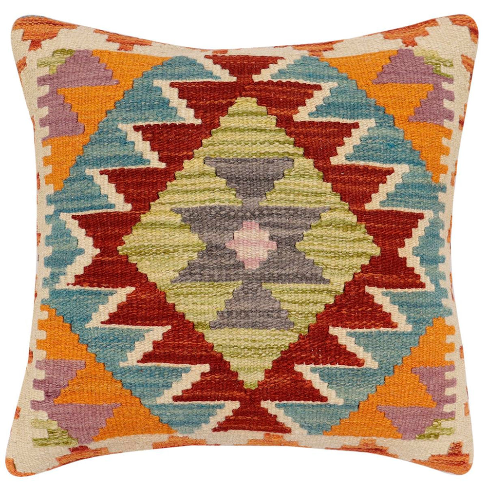 handmade Traditional Pillow Rust Blue Hand-Woven SQUARE 100% WOOL  Hand woven turkish pillow  2 x 2