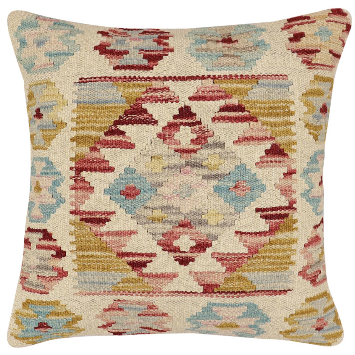 handmade Traditional Pillow Beige Red Hand-Woven SQUARE 100% WOOL  Hand woven turkish pillow  2 x 2
