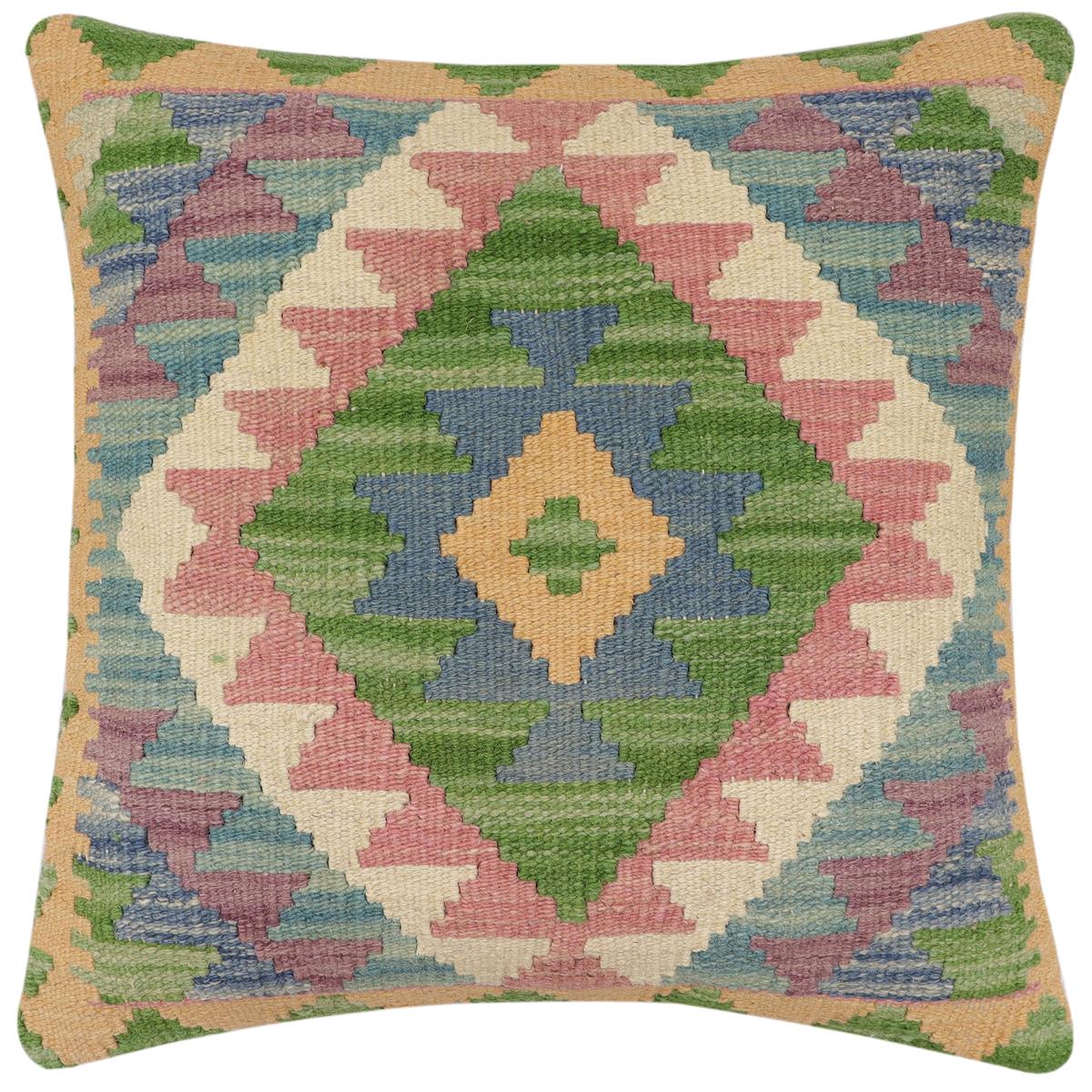 18x18 hand woven kilim throw pillow in blue, beige and pink - Boho Chic Urquhart