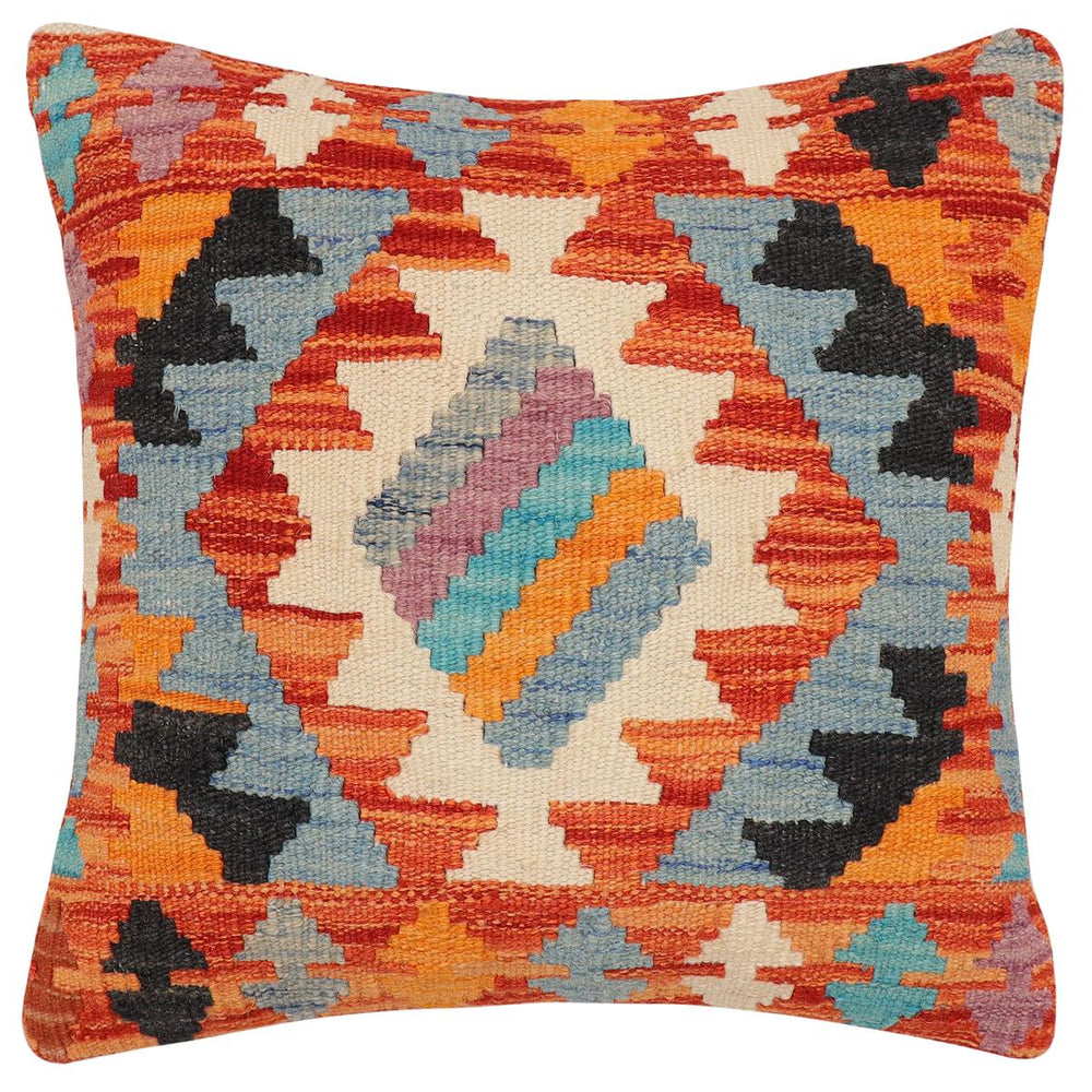 handmade Traditional Pillow Rust Blue Hand-Woven SQUARE 100% WOOL  Hand woven turkish pillow  2 x 2