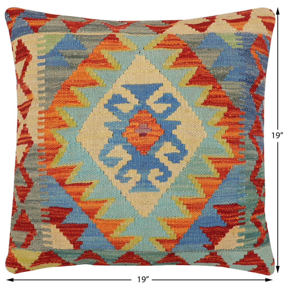 handmade Traditional Pillow Rust Blue Hand-Woven SQUARE 100% WOOL  Hand woven turkish pillow  2 x 2